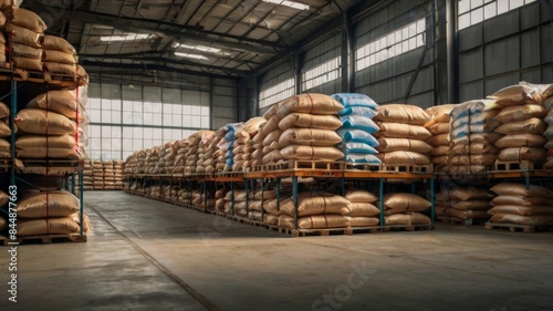 Forklift handling sugar bag for stuffing into container for export. Distribution, Logistics Import Export, Warehouse operation, Trading, Shipment, Delivery concept.