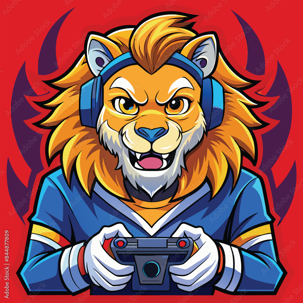 A digital illustration of a lion wearing armor and holding a game controller, Illustrated Gaming Lion, An illustration of the gaming lion mascot A digital illustration of a lion wearing armor and holding a game controller, Illustrated Gaming Lion, An illustration of the gaming lion mascot