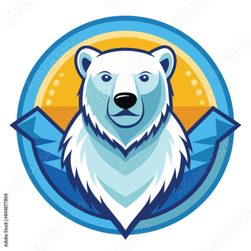 An illustrated polar bear logo featuring a detailed and stylized polar bear inside a blue shield with mountains in the background, Illustrated Polar Bear Logo, exquisite illustrated polar bear logo