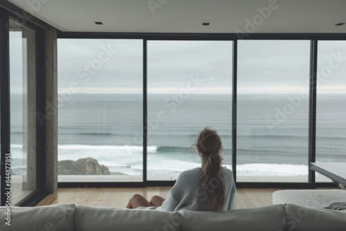 Elegant Living Room with Ocean View Generative AI