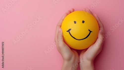 a person's hand holding a yellow smiling icon ball on a pink background
