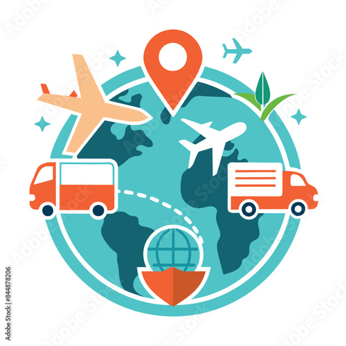 An illustration depicting global delivery services with airplanes, trucks, and a shield symbol, Incorporating symbols of travel and delivery in a clean and minimalistic logo