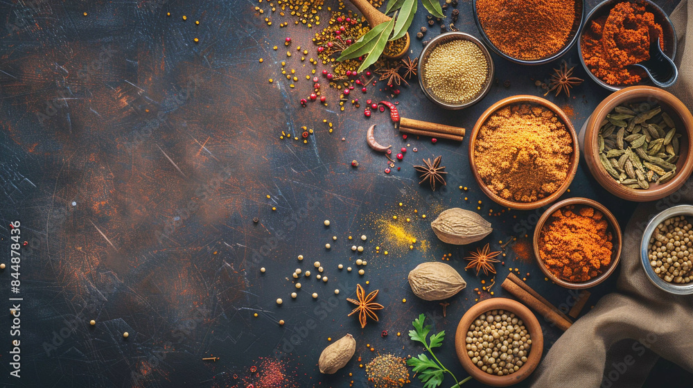 Top view of spice powder on rustic background with text space 