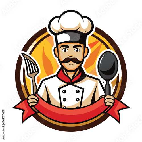 A cartoon chef logo design featuring a chef with a white chef hat, red scarf, and mustache holding a spatula and a brush, Kitchen Chef Logo Design