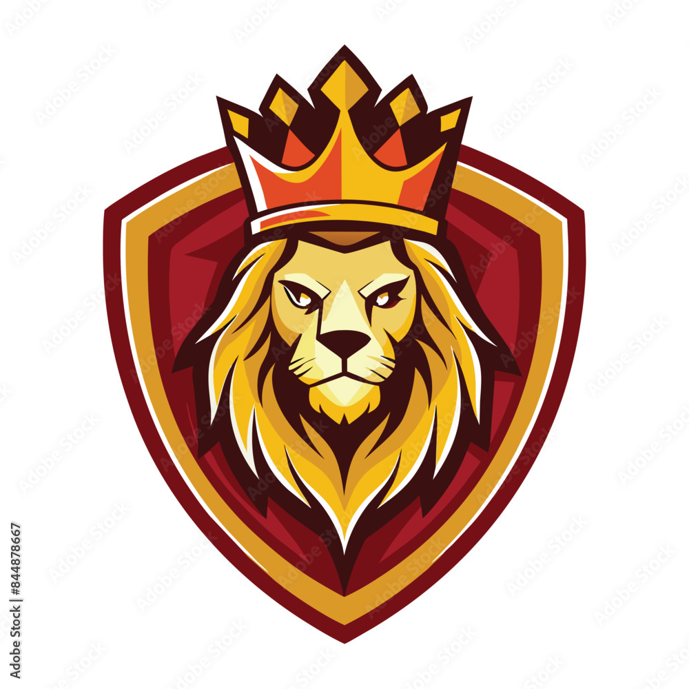 A gold lion head shield logo with a royal gold crown, Lion head shield logo icon. Royal gold crown badge symbol A gold lion head shield logo with a royal gold crown, Lion head shield logo icon. Royal gold crown badge symbol