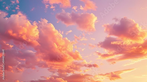 Warm Sunset Sky with Fluffy Clouds for Travel or Vacation Themes Generative AI