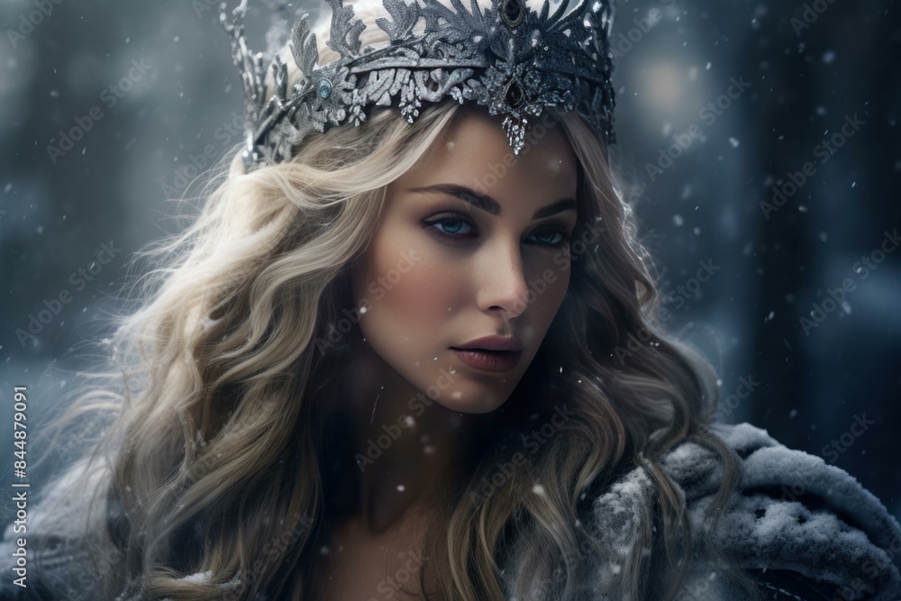 Majestic winter queen with a sparkling crown amidst falling snow Majestic winter queen with a sparkling crown amidst falling snow