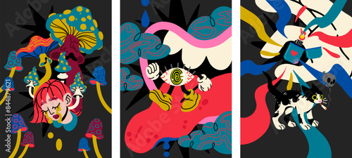 Collection of bright groovy posters. Retro poster with psychedelic flowers, mushrooms, groovy smocking cat, an eye with gloved hands, a crying girl.