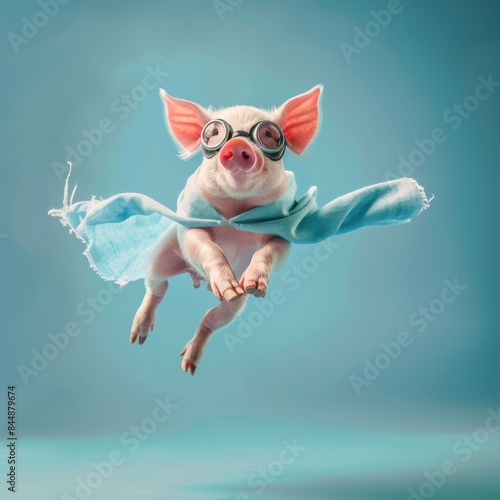 When pigs fly, isolated piglet with pink cape cloak against a blue background. Piglet is flying. 