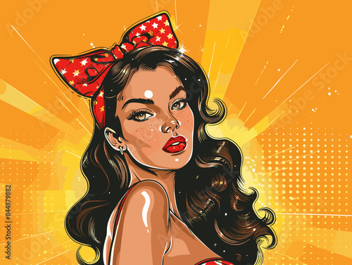beautiful brunette woman with long hair , retro style pop art pin up, flat vector illustration