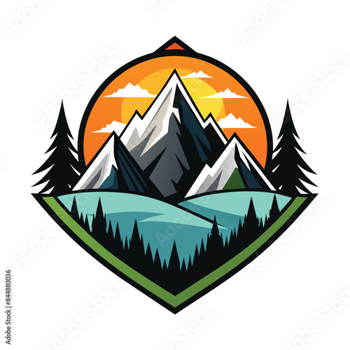 A circular logo design featuring a mountain range with a lake reflected in the water and a sunset in the background, mountain logo vector design template