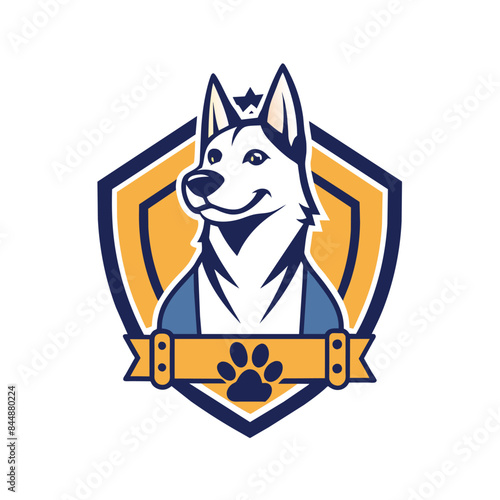A logo for a phone repair shop, featuring a blue and white shield with a smartphone icon and orange ribbon with the text PHOP, pet care logo design with dog line style