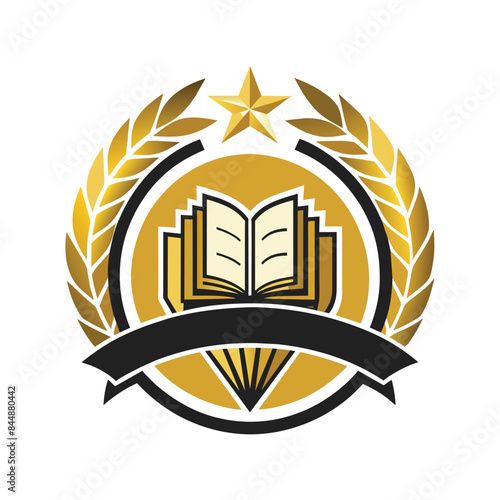 A circular logo design featuring a shield with an open book, a laurel wreath, and a star, Produce a clean and modern logo for a prestigious publishing house