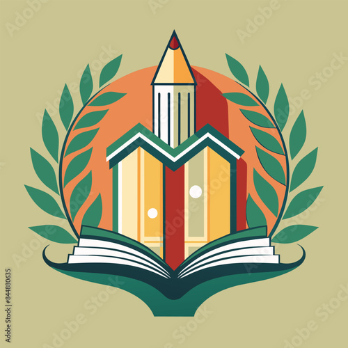 A simple and elegant design for a publishing house featuring an open book, pencil, and flame, Produce a simple and elegant design for a publishing house
