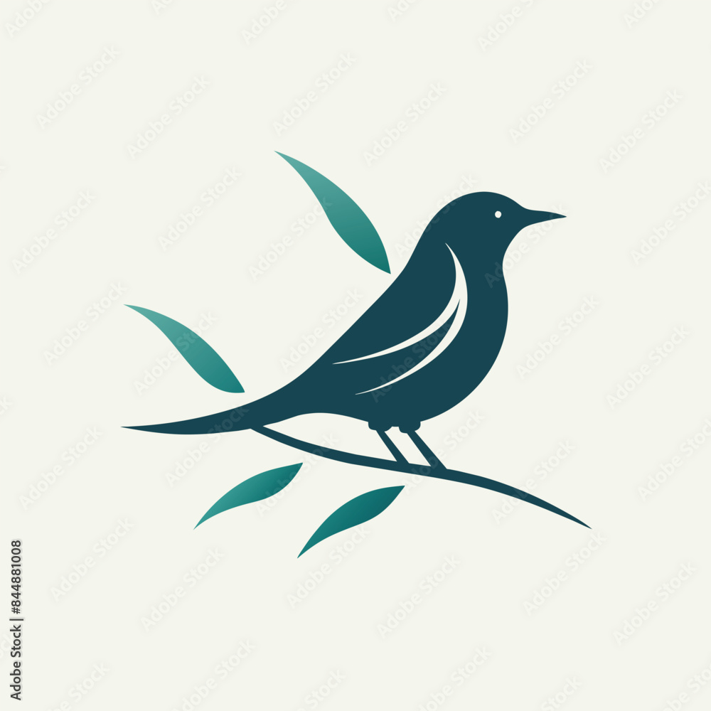 Abstract icon with a green leaf bar chart inside a circle, Silhouette of a bird perched on a branch Abstract icon with a green leaf bar chart inside a circle, Silhouette of a bird perched on a branch