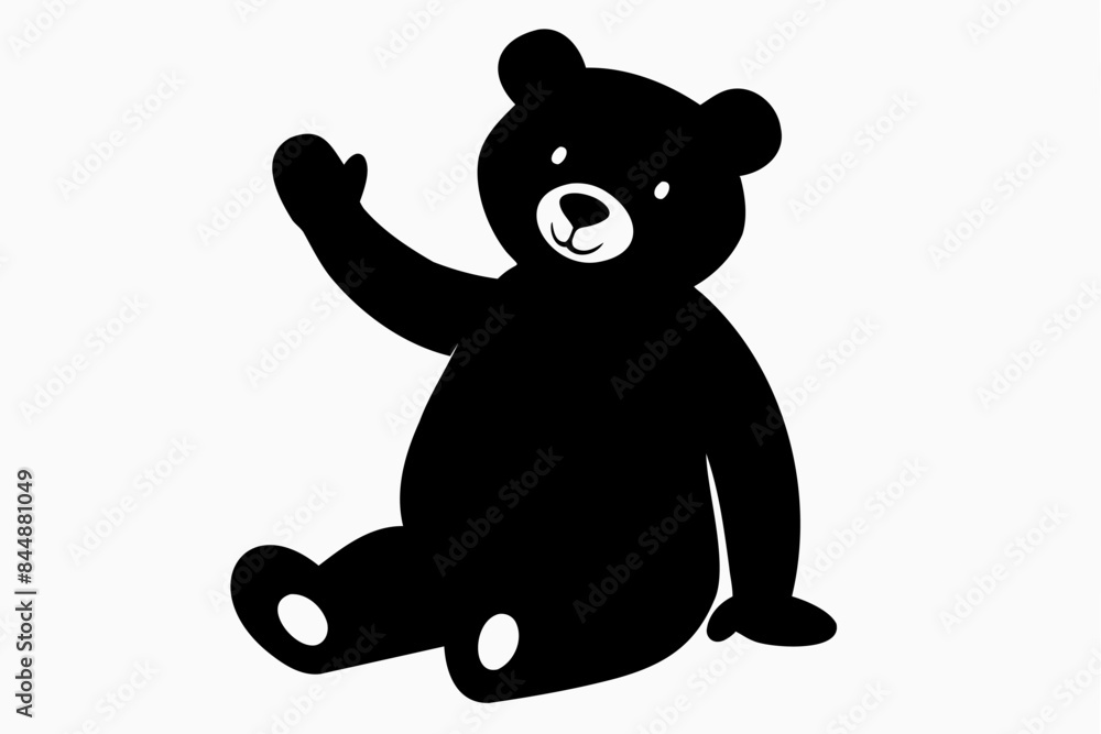 Naklejka premium Black silhouette of sitting and waving toy bear isolated on white background. Cute baby plush bear. Concept of kids toys, childhood, fun, game, playtime, minimalist design. Print, icon, design element