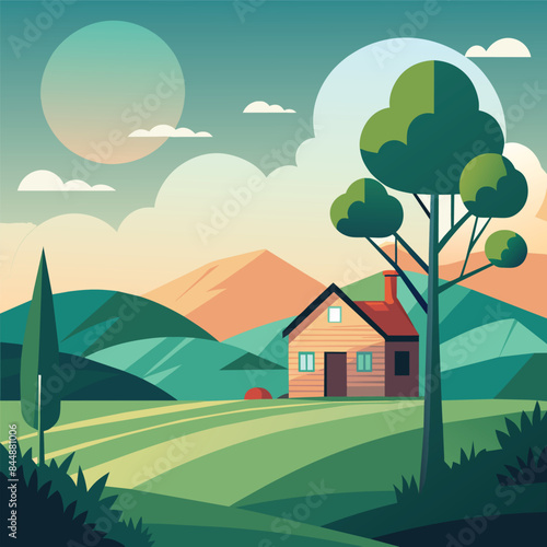 A minimalist illustration of a white sheep on a teal background, Serene landscape with minimalist touches, such as a single tree or house