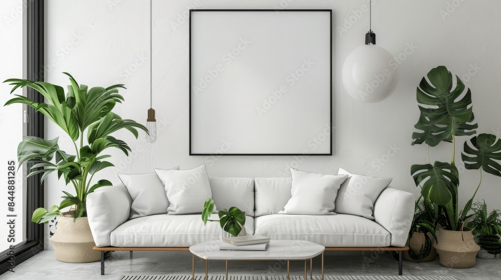 monstera plant, poster frame mock up living room, minimalist style, copy and text space, 16:9 monstera plant, poster frame mock up living room, minimalist style, copy and text space, 16:9