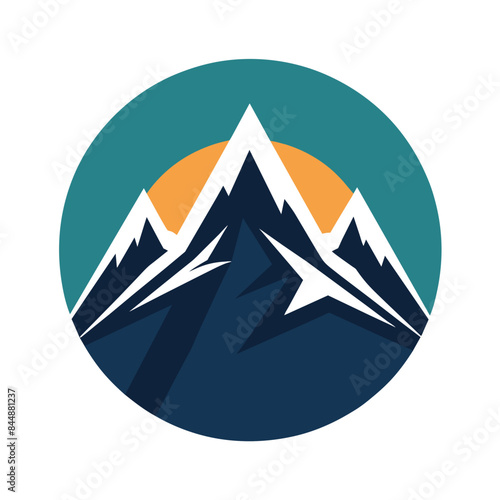 A minimalist logo design depicting three mountains with a sun rising behind them, simple minimalist mountain logo design vector