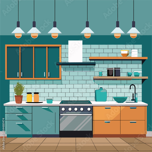 A sleek, modern kitchen with minimalist teal cabinetry and pendant lights, Sleek and modern kitchen with minimalist cabinetry and subway tile backsplash