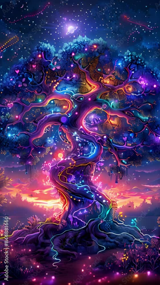 Colorful magic fantasy tree glowing lights. A giant ancient tree figure