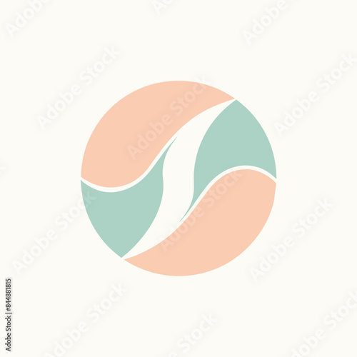 A simple geometric design featuring overlapping circles and triangles in soft pastel green and pink colors, Soft, pastel colors in a soothing composition