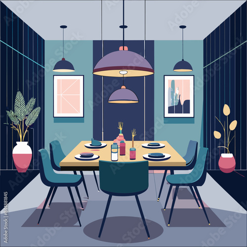 A stylized fox logo design with an ocean wave illustration, featuring a colorful and abstract design, Sophisticated dining room with a minimalist table setting and statement lighting
