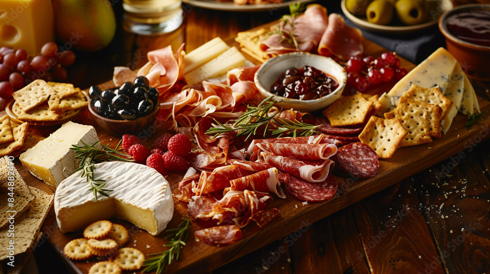 Chesse platter served on wooden board Chesse platter served on wooden board
