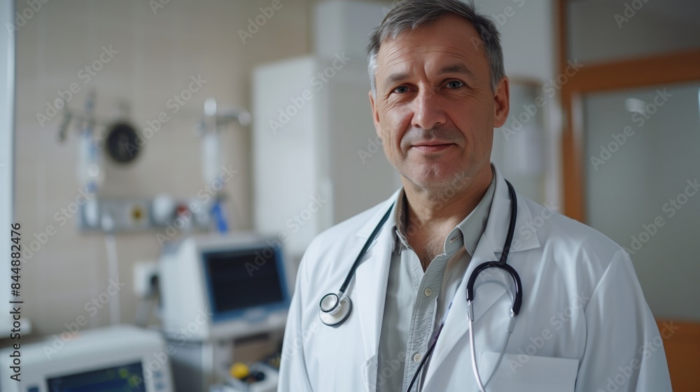 A portrait of a doctor in a white coat with a stethoscope A portrait of a doctor in a white coat with a stethoscope