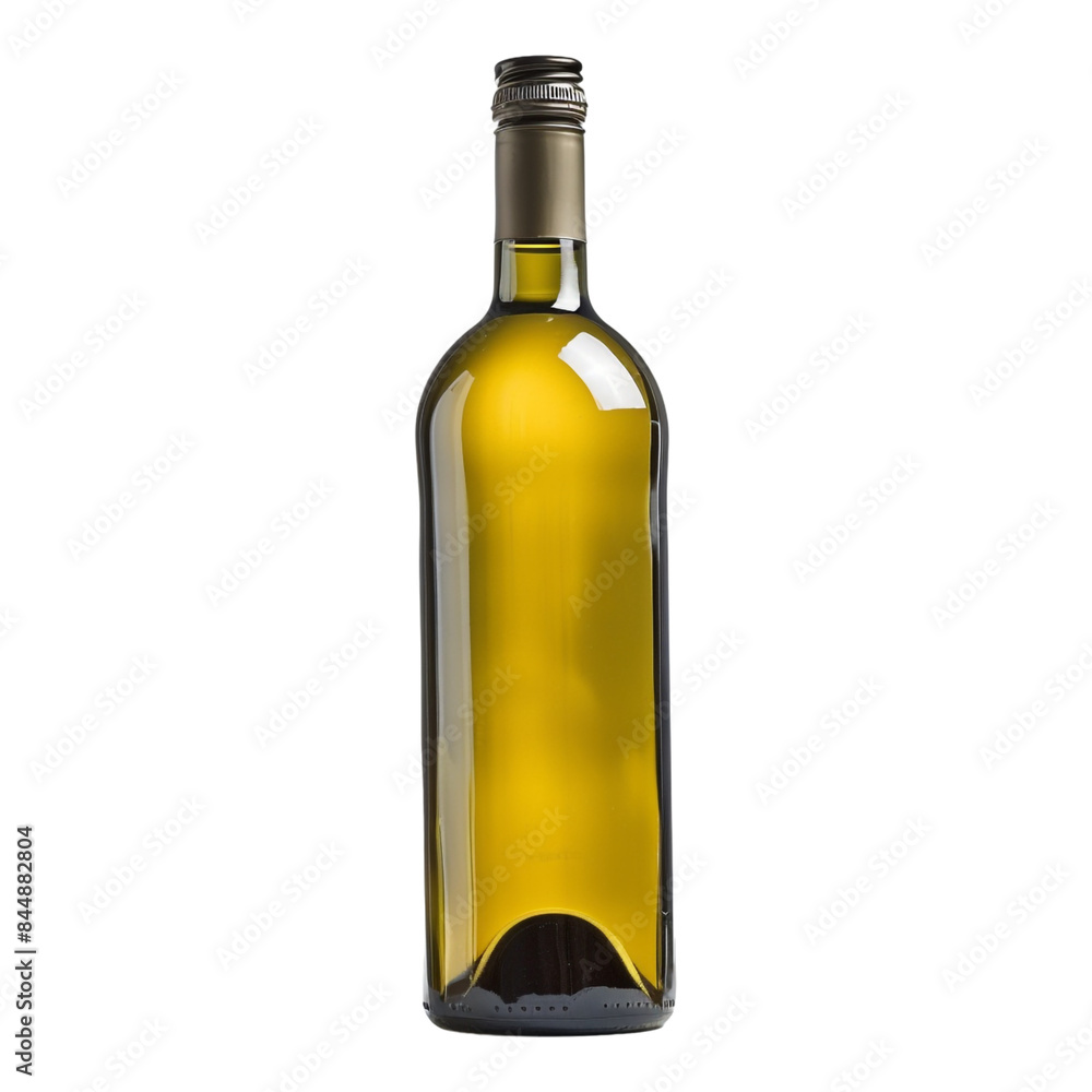 A single, transparent glass bottle with a cork stopper, possibly containing green olive oil or white wine A single, transparent glass bottle with a cork stopper, possibly containing green olive oil or white wine
