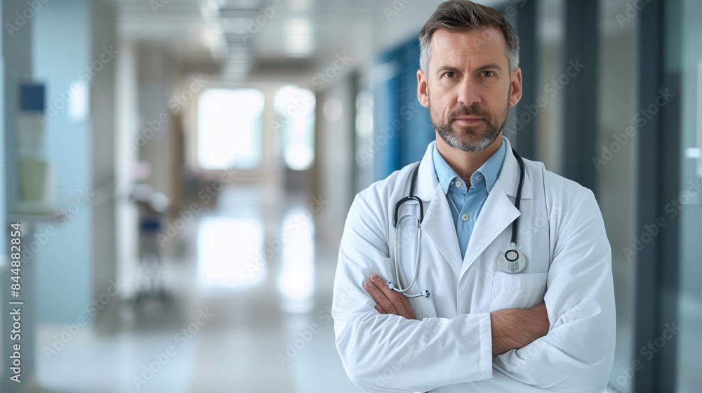 A doctor in a white coat stands with his arms crossed in a hospital room A doctor in a white coat stands with his arms crossed in a hospital room