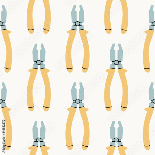 seamless pattern with cartoon pliers on white background, gardening tool in flat style, vector illustration for design, decor, fabric, wrapping paper, textile, wallpaper