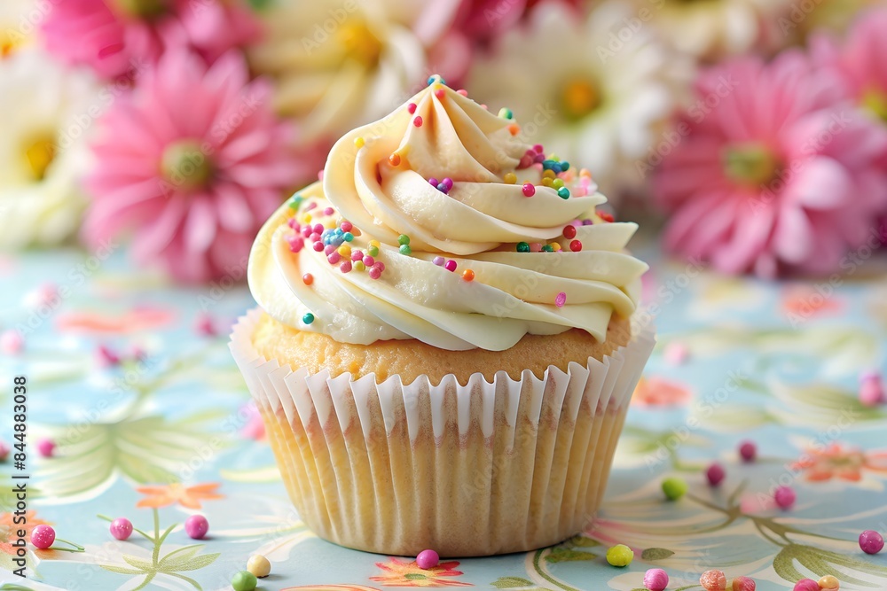 White cream cupcake with pink sprinkles, close-up on floral background White cream cupcake with pink sprinkles, close-up on floral background