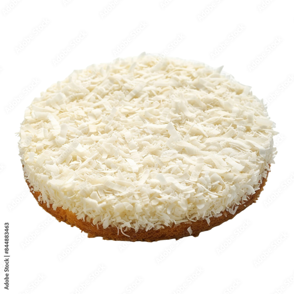 Aerial view of a coconut cake with coconut flakes on top, isolated on white background Aerial view of a coconut cake with coconut flakes on top, isolated on white background