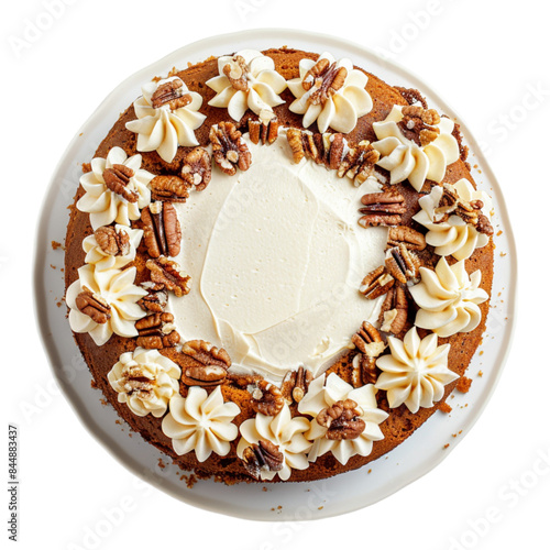 Aerial view of a carrot cake with walnuts and cream cheese frosting, isolated on white backgroun