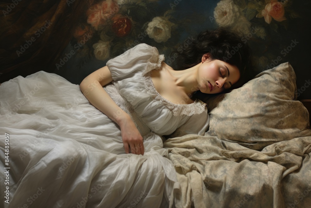 Elegant young lady in a peaceful sleep, draped in a classic white gown on an antique bed Elegant young lady in a peaceful sleep, draped in a classic white gown on an antique bed