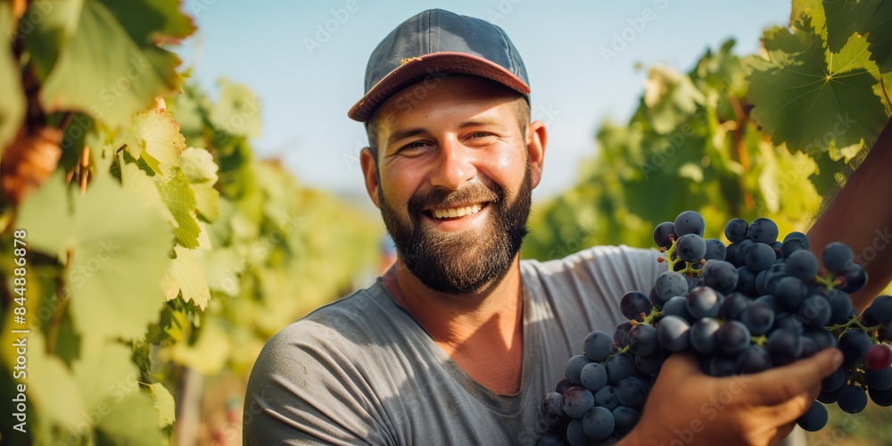 Obraz premium Smiling man. A winegrower is harvesting grapes. Handsome male picking holding grape. Nature outdoor background scene