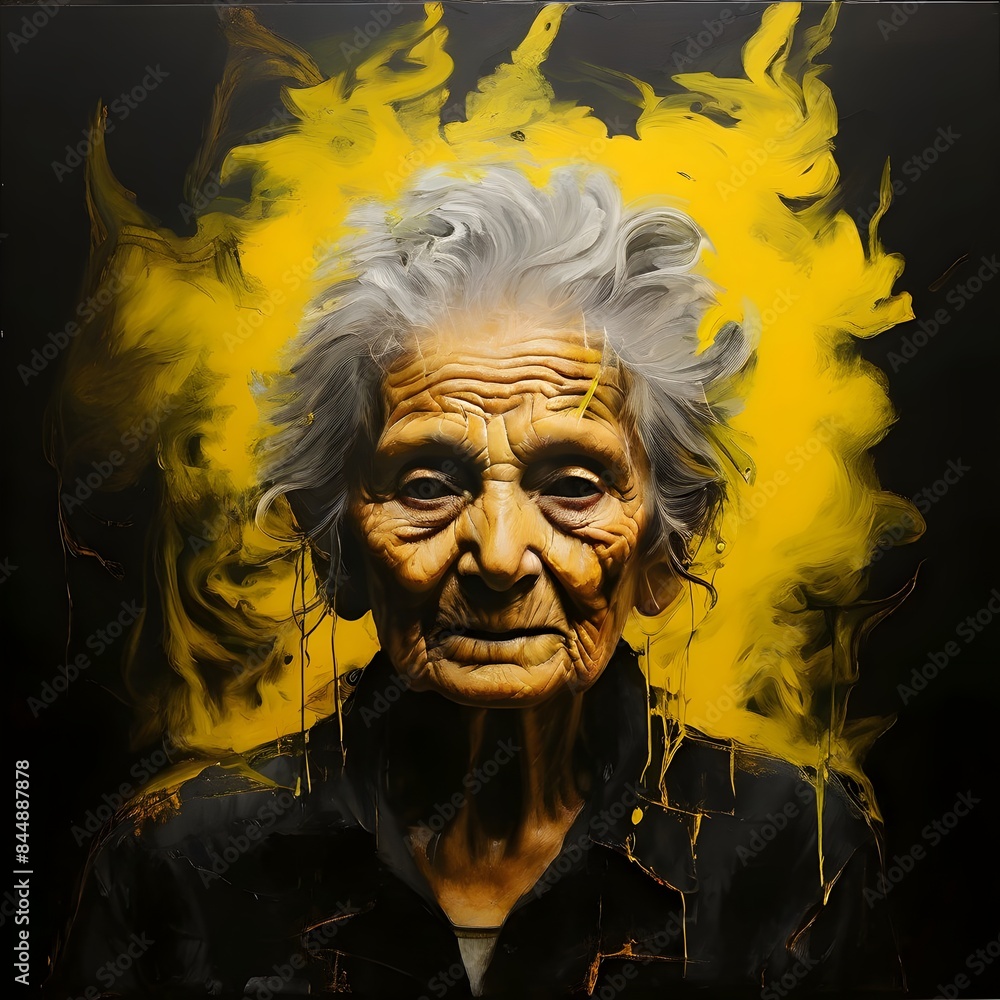 Obraz premium face-old-woman-smoke-tompus-on-black-canvas-in-acrylic-with-yellow-accents