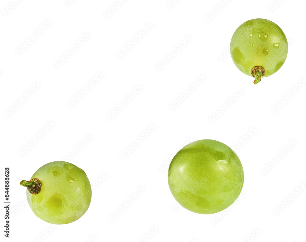 Obraz premium Fresh green grape falling in the air isolated on white background. High resolution image.