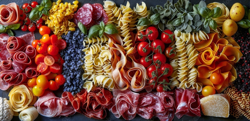 Colorful Italian Food Platter With Pasta, Salami, and Tomatoes