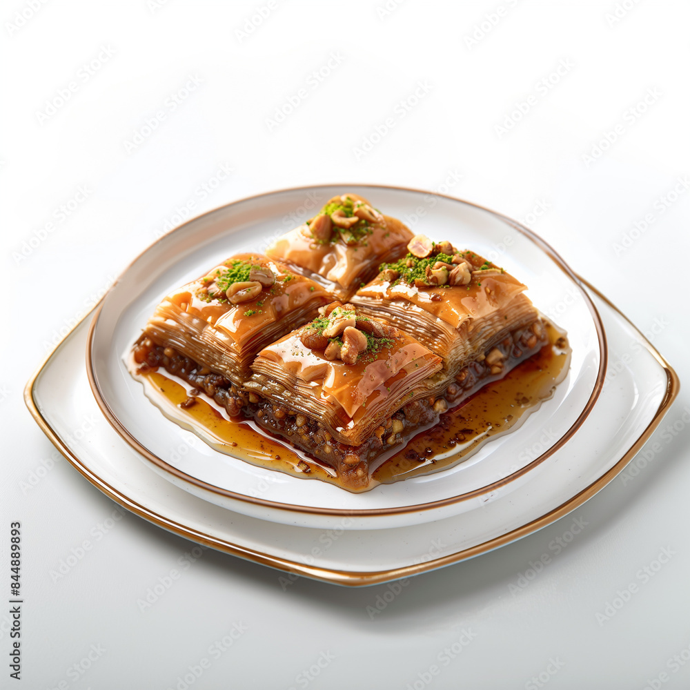 Turkish baklava with layers of filo pastry, chopped nuts, and honey syrup, served on a white plate, isolated background