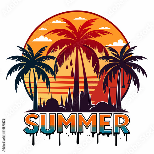 elegant style palm trees  vector  t-shirt design  summer  paint dripping sunset vector art illustration