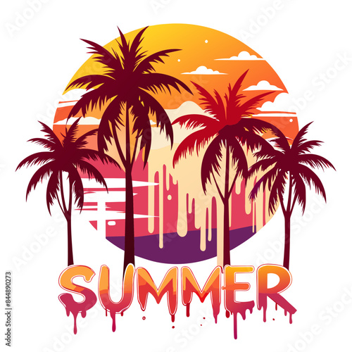 elegant style palm trees, vector, t-shirt design, summer, paint dripping sunset vector art illustration © Merry