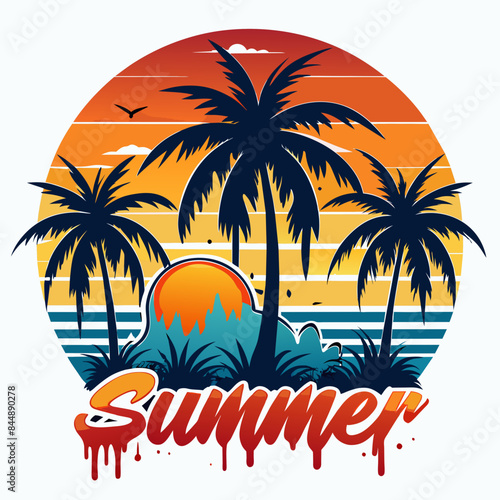 elegant style palm trees  vector  t-shirt design  summer  paint dripping sunset vector art illustration