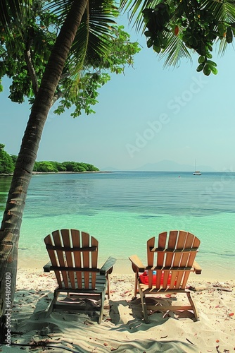  Wooden beach chairs facing the ocean with an umbrella