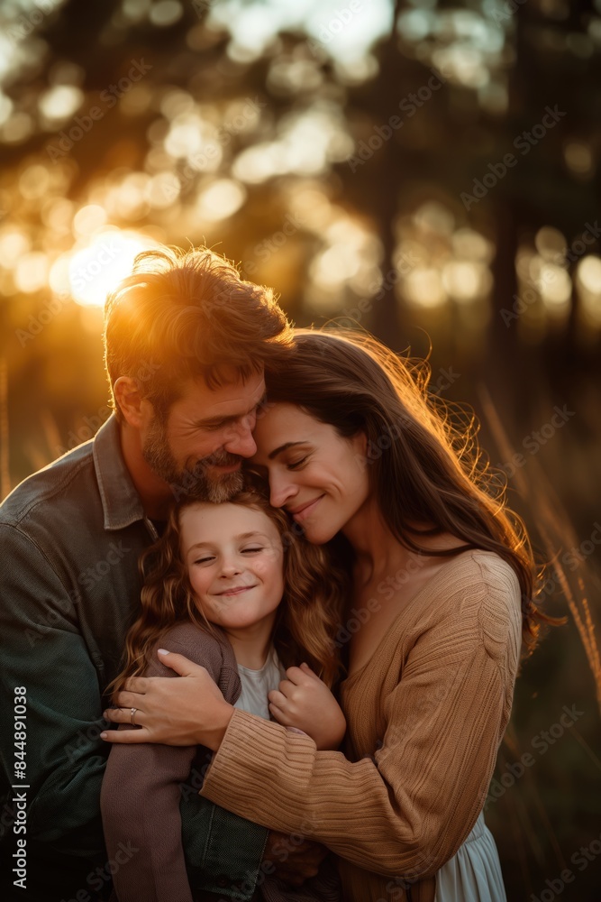 Obraz premium Happy family of three with mother, father and daughter embracing happily at golden hour outdoors