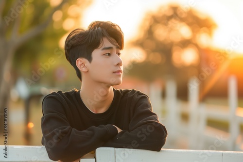 Fototapeta Naklejka Na Ścianę i Meble -  Handsome pensive korean model looking student standing in profile leaning the white wooden fence at golden hour