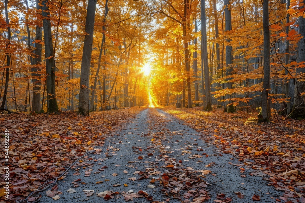 Sunbeams Illuminating a Forest Path During Autumn Sunbeams Illuminating a Forest Path During Autumn