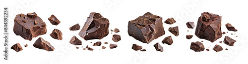 Chocolate chunks broken into various sizes, arranged in four separate piles, showcasing their rough edges and rich dark color.
