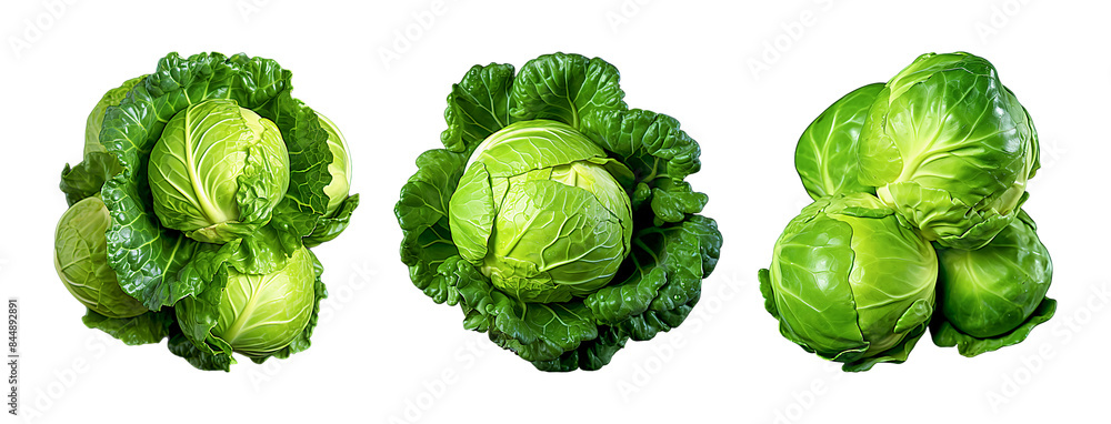 Three bunches of fresh green cabbage, each with tightly packed leaves and a vibrant hue, showcasing their crisp texture and organic forms. Three bunches of fresh green cabbage, each with tightly packed leaves and a vibrant hue, showcasing their crisp texture and organic forms.